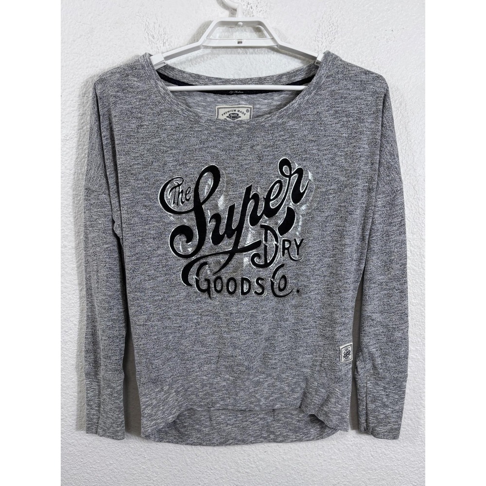 Superdry Sweater Womens Medium Gray Logo Graphic Boat Neck Dolman Pullover